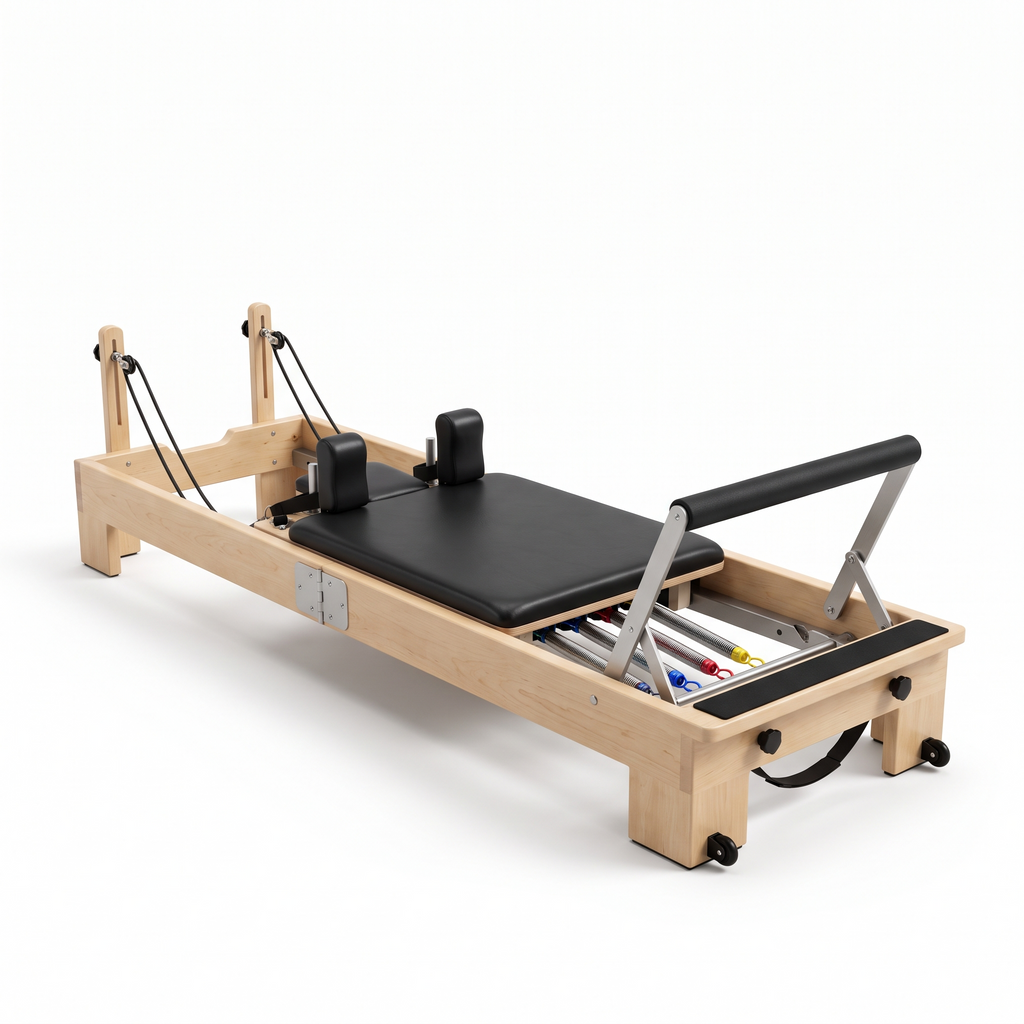 The Rise Reformer foldable wooden Pilates reformer, 3/4 view