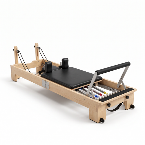 The Rise Reformer foldable wooden Pilates reformer, 3/4 view