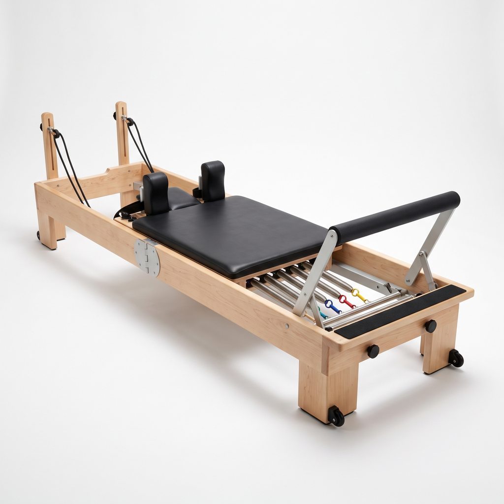 The Rise Reformer, rear 3/4 view showing springs and footbar