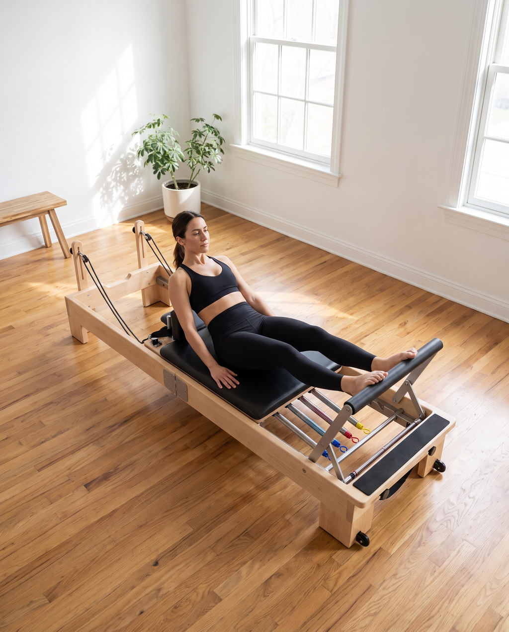 Leg press on the Rise Reformer, overhead view